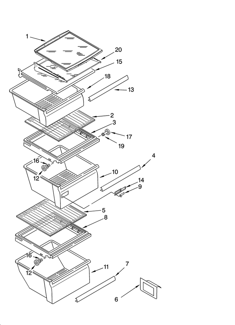 Refrigerator Shelf Parts Diagram and Parts List for ED5LHGXNT00  Whirlpool Refrigerator