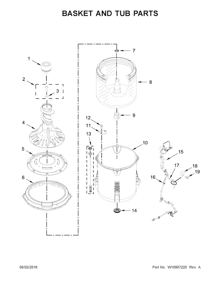 Basket And Tub Parts Diagram and Parts List for 11022532511  Kenmore Washer
