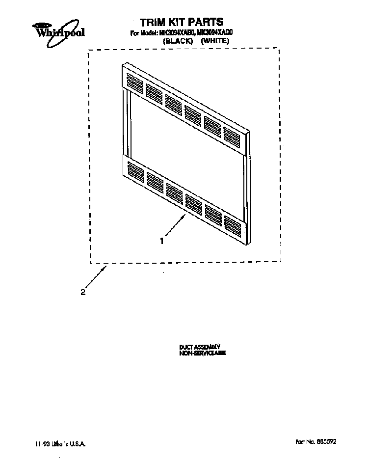 Trim Kit Parts Diagram and Parts List for MK3094XAQ0  Whirlpool Microwave