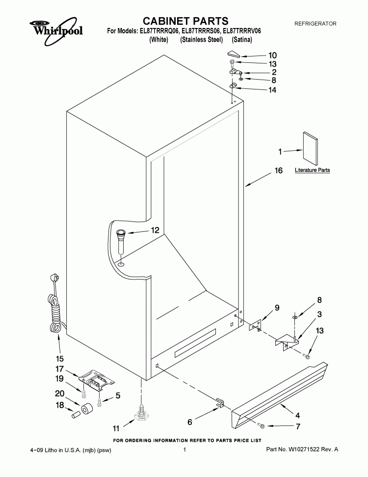 CABINET PARTS Diagram and Parts List for EL87TRRRV06  Whirlpool Refrigerator