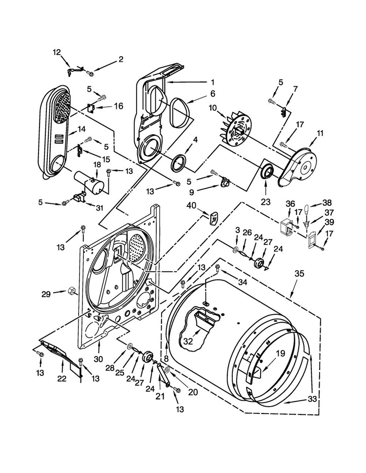 Bulkhead Parts Diagram and Parts List for 7MWGD1950EI0  Whirlpool Dryer