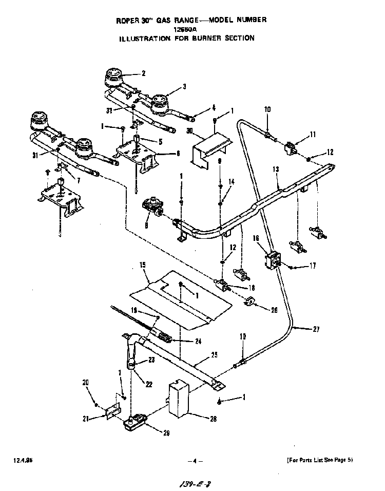 Burner Diagram and Parts List for 1266*0A  Roper Range