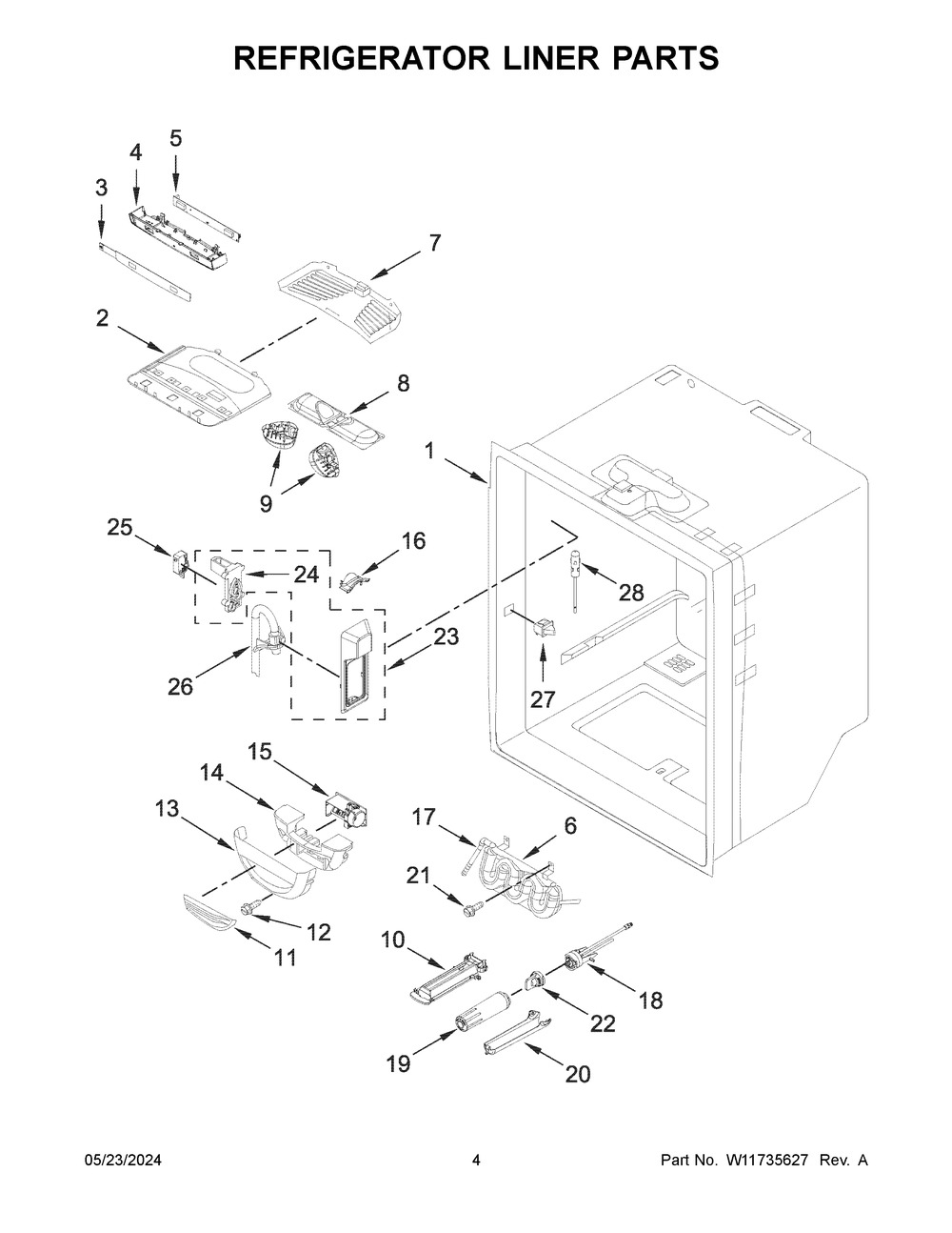 Refrigerator Liner Parts Diagram and Parts List for KRFC302EPA09  KitchenAid Refrigerator