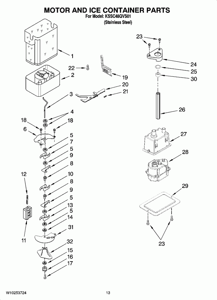 MOTOR AND ICE CONTAINER PARTS Diagram and Parts List for KSSC48QVS01  KitchenAid Refrigerator