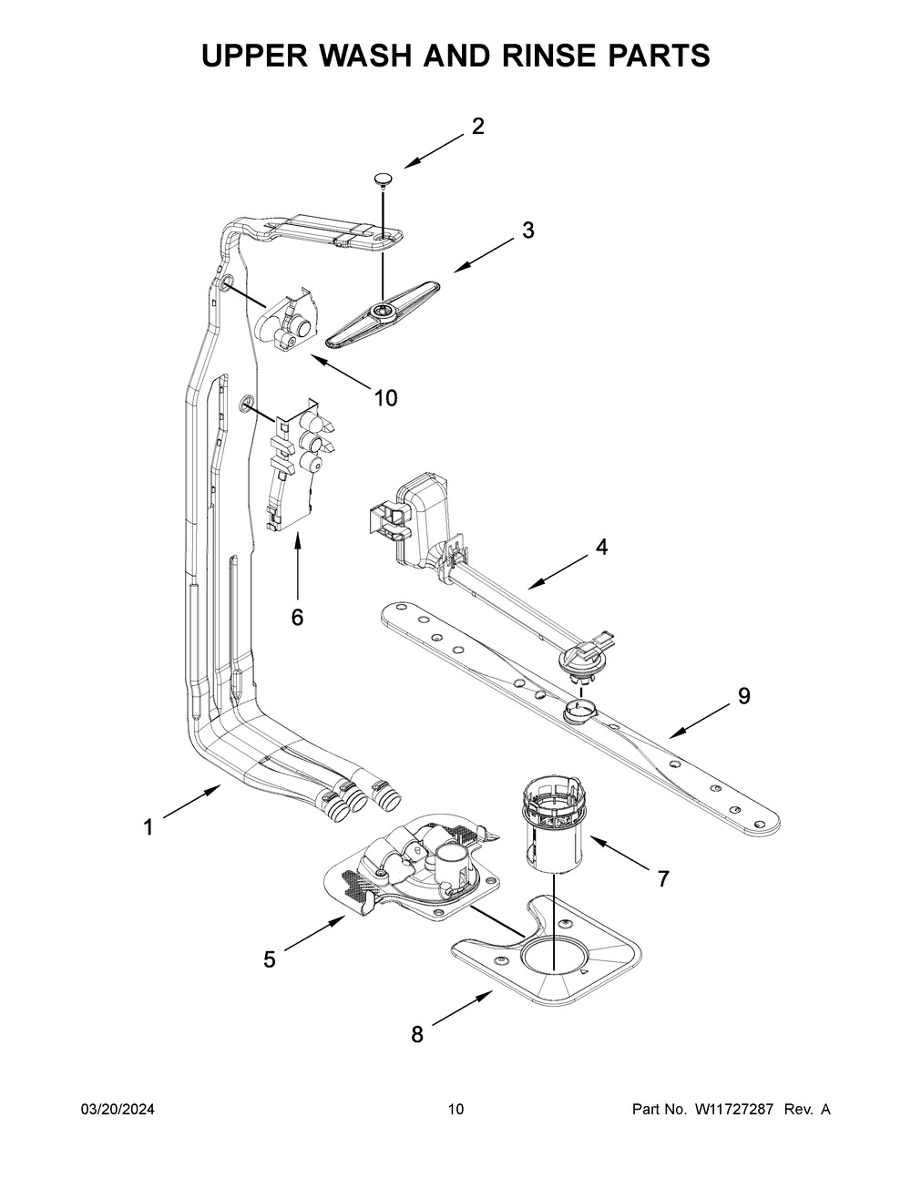 Upper Wash And Rinse Parts Diagram and Parts List for WDTA80SAKZ3  Whirlpool Dishwasher