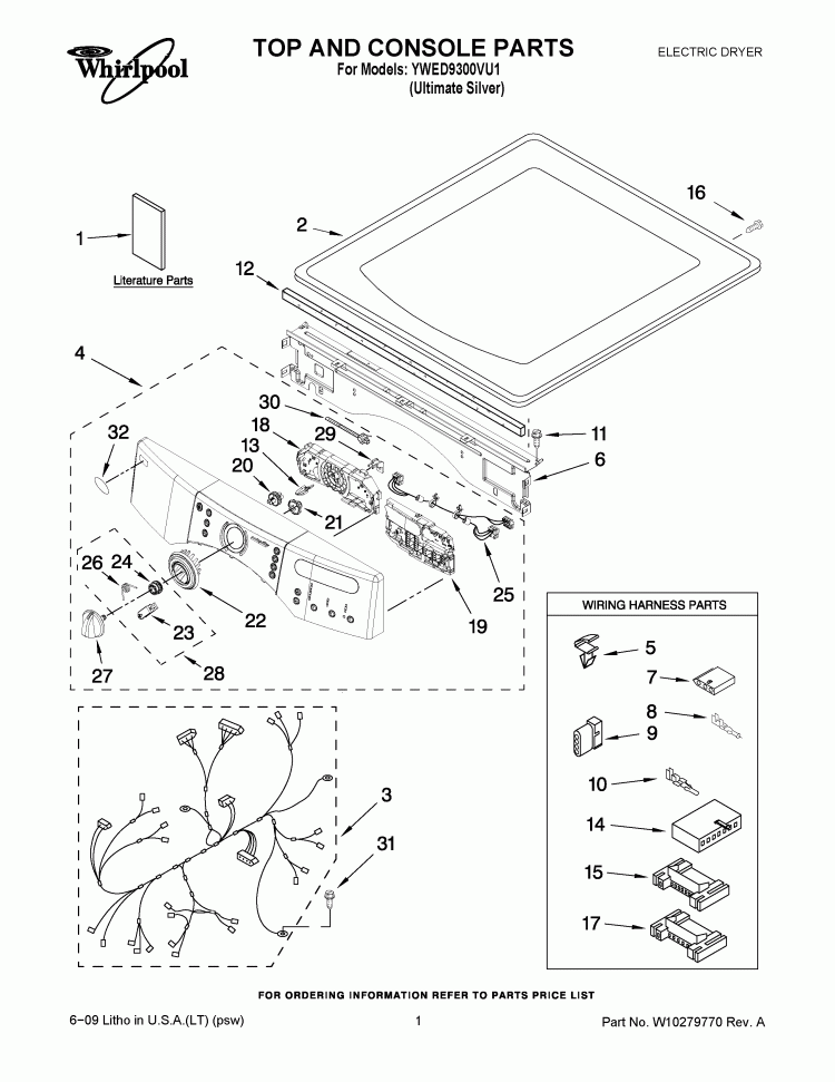 TOP AND CONSOLE PARTS Diagram and Parts List for YWED9300VU1  Whirlpool Dryer
