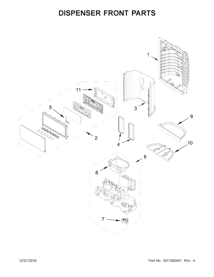 Dispenser Front Parts Diagram and Parts List for WRX735SDBM04  Whirlpool Refrigerator