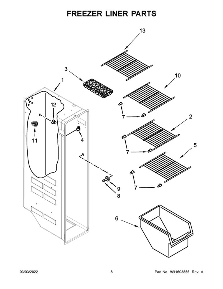 Freezer Liner Parts Diagram and Parts List for 10641133715  Kenmore Refrigerator