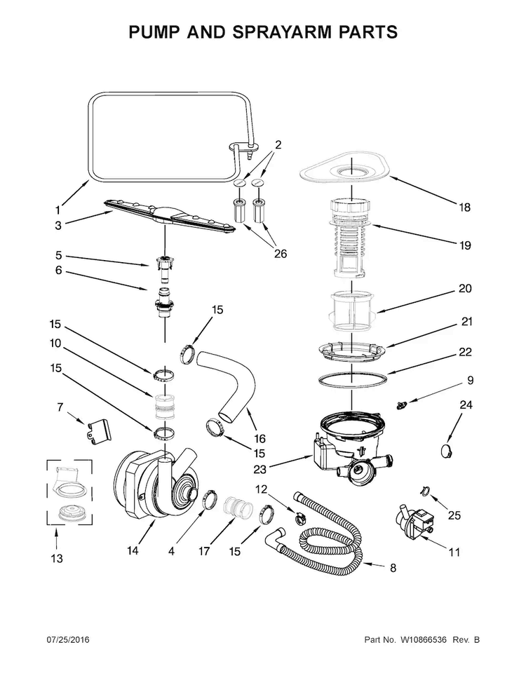 Pump And Sprayarm Parts Diagram and Parts List for WDF518SAFW0  Whirlpool Dishwasher