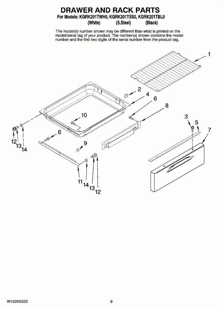DRAWER AND RACK PARTS, OPTIONAL PARTS (NOT INCLUDED) Diagram and Parts List for KGRK201TBL0  KitchenAid Range