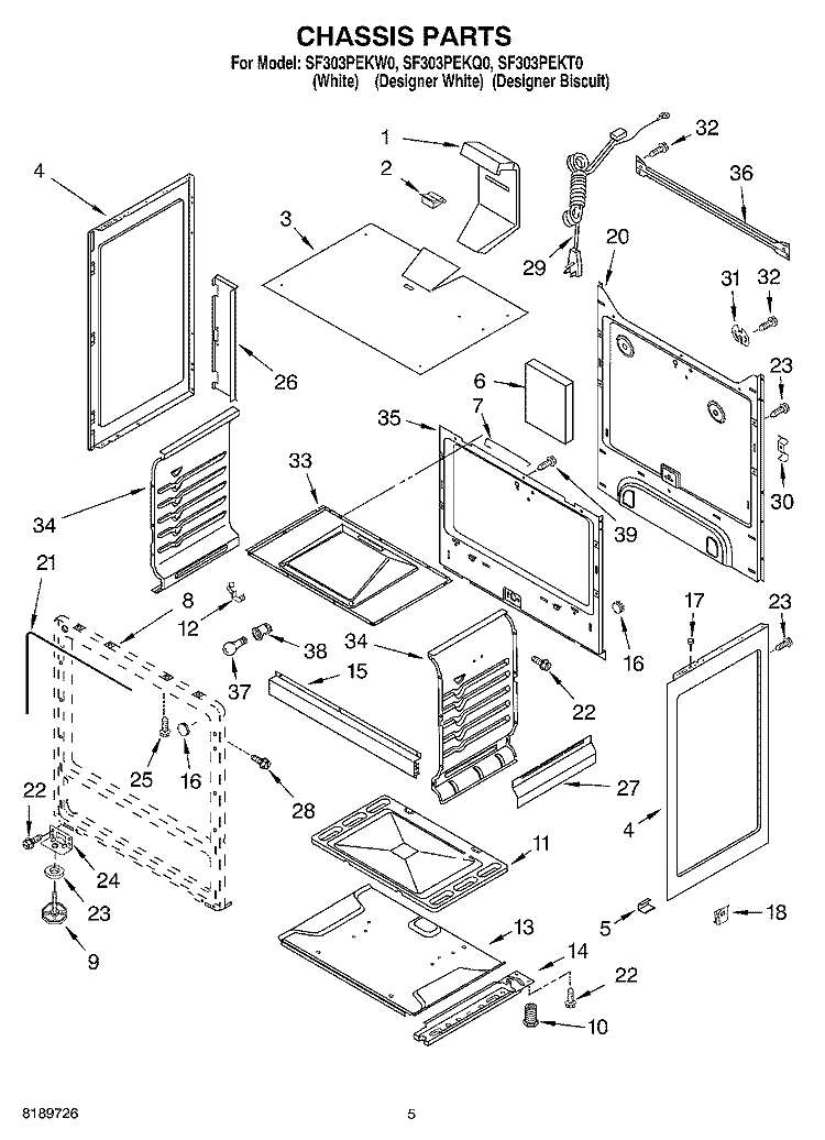 CHASSIS Diagram and Parts List for SF303PEKT0  Whirlpool Range