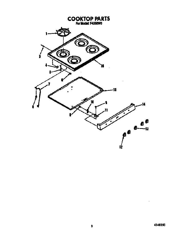 Cooktop Diagram and Parts List for F4558*0  Roper Range