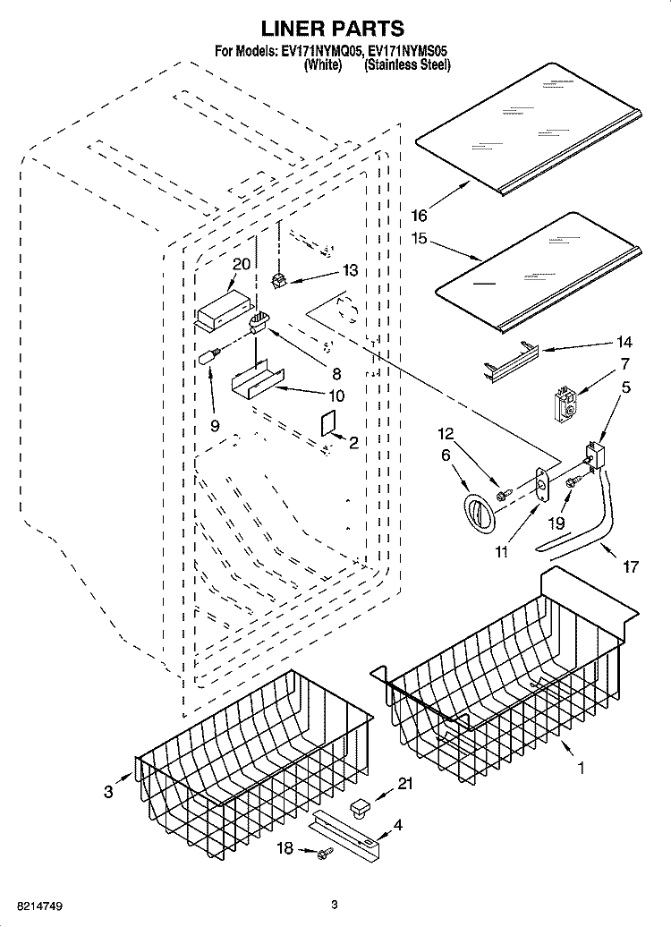 LINER PARTS Diagram and Parts List for EV171NYMQ05  Whirlpool Freezer