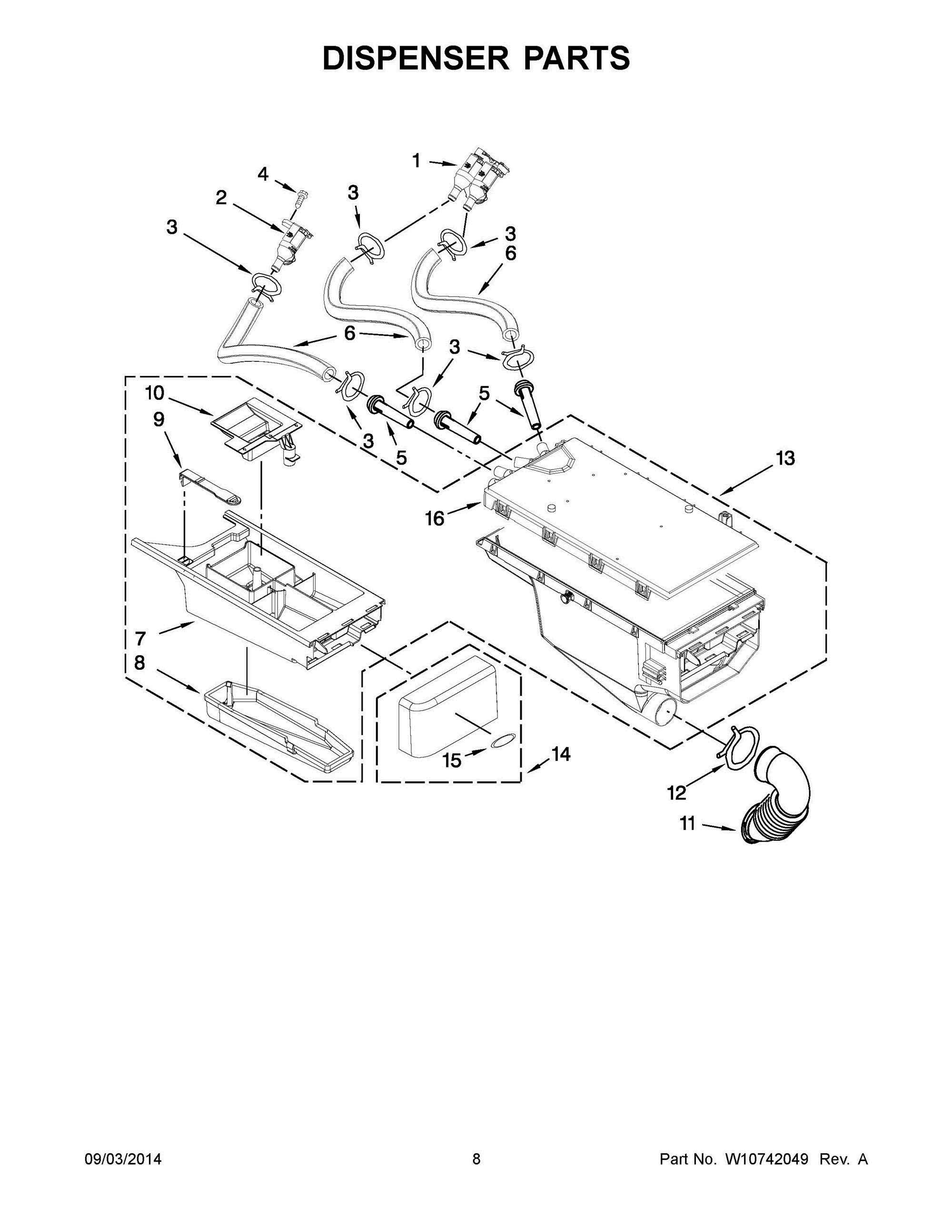 05 - DISPENSER PARTS Diagram and Parts List for YWFW9050XW01  Whirlpool Washer