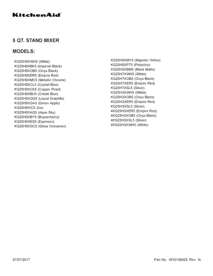 Cover Sheet Diagram and Parts List for KG25H0XIC5  KitchenAid Mixer