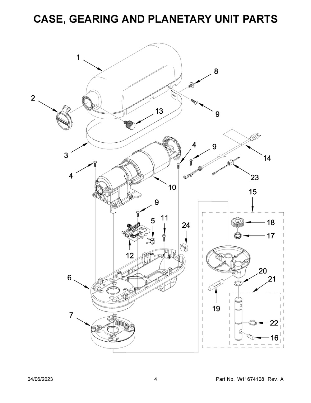 Case, Gearing And Planetary Unit Parts Diagram and Parts List for 5KSM7990XBWH1  KitchenAid Mixer