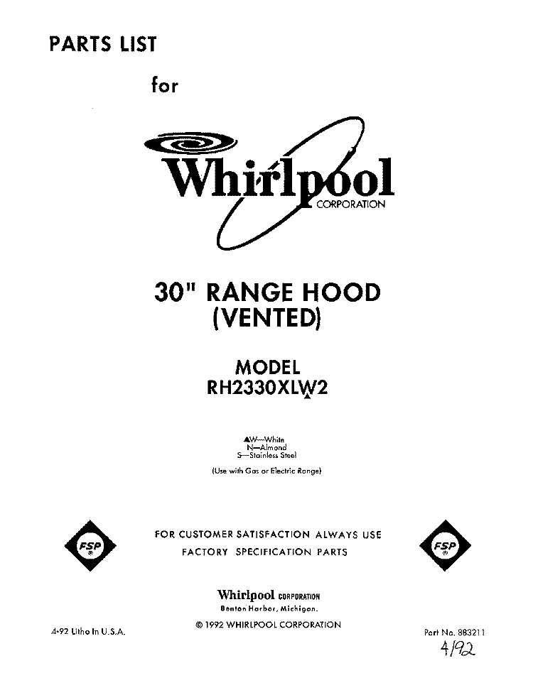 SECTION Diagram and Parts List for RH2330XLW2  Whirlpool Range Hood