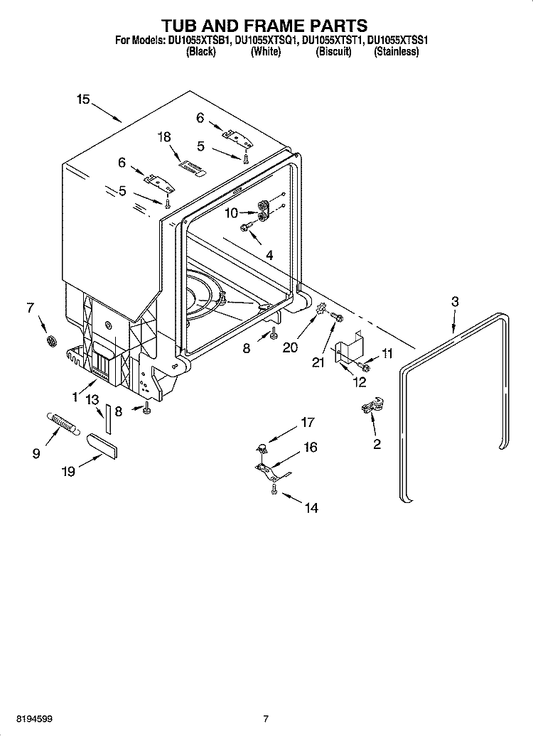 TUB AND FRAME PARTS Diagram and Parts List for DU1055XTSB1  Whirlpool Dishwasher