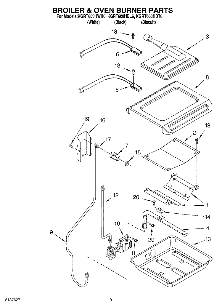 BROILER & OVEN BURNER Diagram and Parts List for KGRT600HBL6  KitchenAid Range