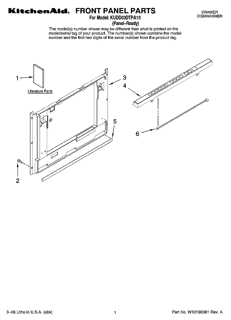 FRONT PANEL PARTS Diagram and Parts List for KUDD03DTPA10  KitchenAid Dishwasher