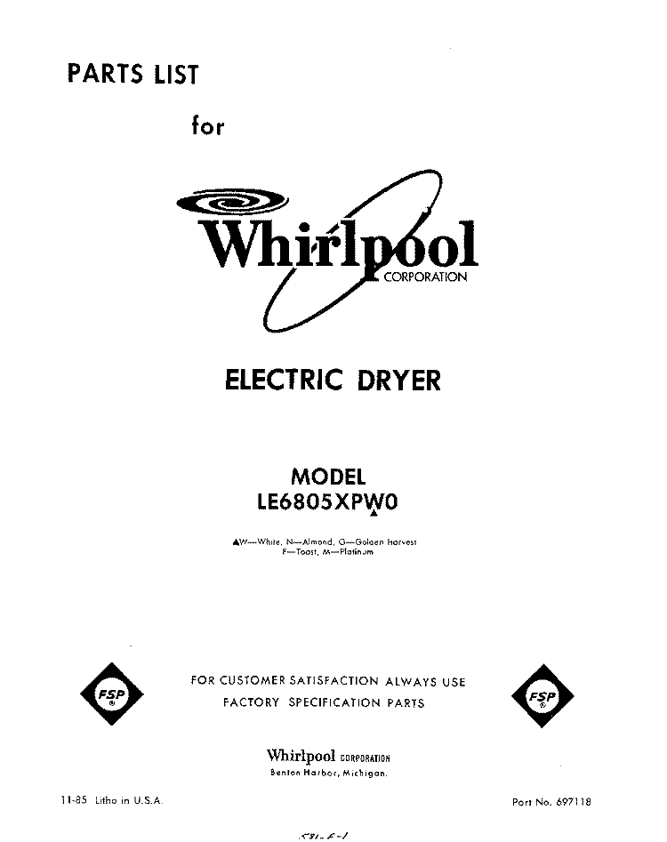 SECTION Diagram and Parts List for LE6805XPW0  Whirlpool Dryer