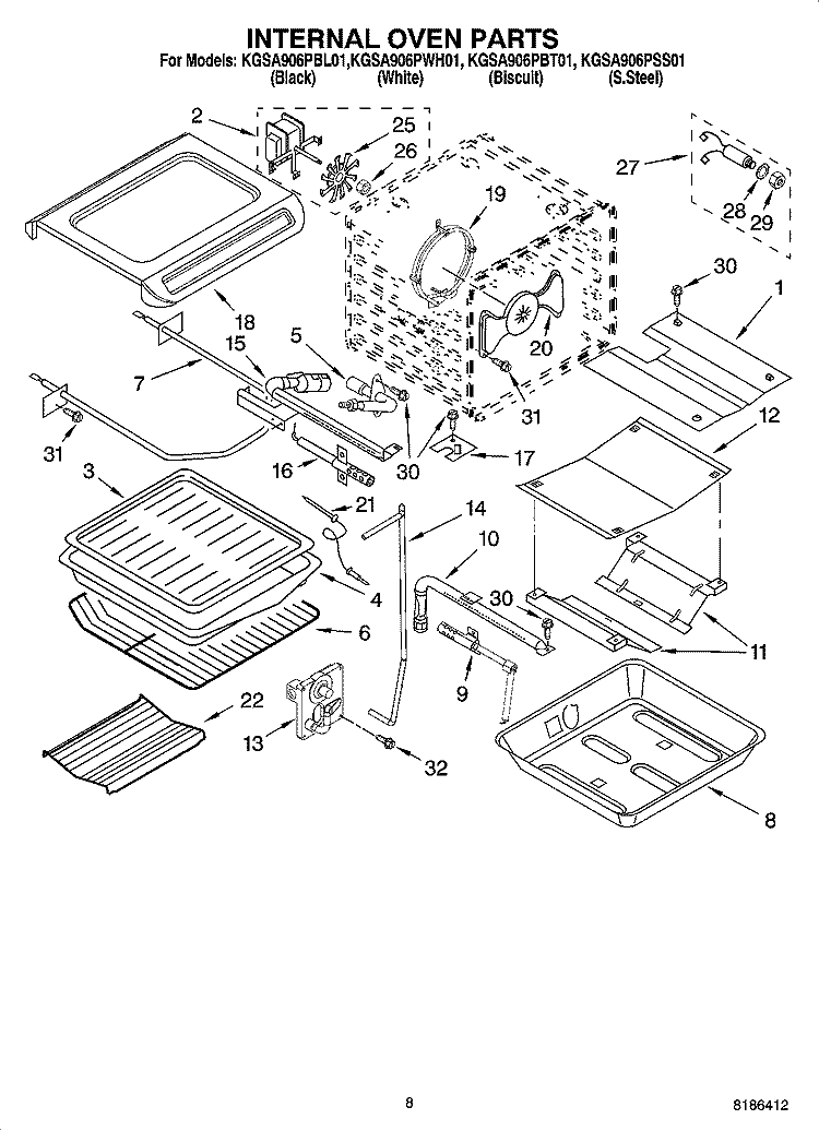 INTERNAL OVEN PARTS Diagram and Parts List for KGSA906PBL01  KitchenAid Range