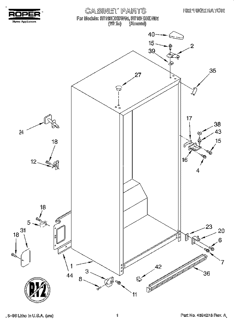 CABINET Diagram and Parts List for RT18HDXDW05  Roper Refrigerator