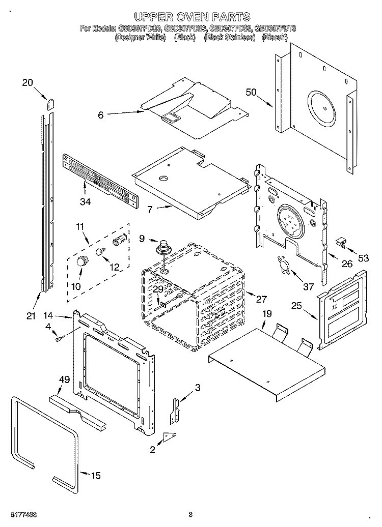 UPPER OVEN Diagram and Parts List for GBD307PDB3  Whirlpool Wall Oven