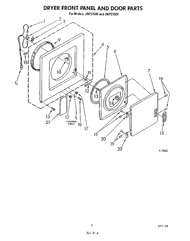 DRYER FRONT PANEL AND DOOR Diagram and Parts List for JWP21000  Whirlpool Washer Dryer Combo