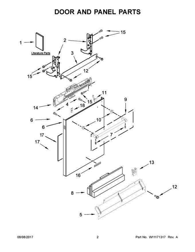 02 - Door And Panel Parts Diagram and Parts List for KDTE254EBL3  KitchenAid Dishwasher