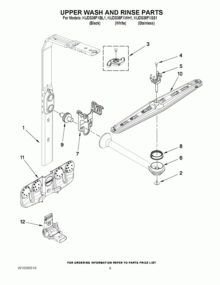 UPPER WASH AND RINSE PARTS Diagram and Parts List for KUDS35FXWH1  KitchenAid Dishwasher