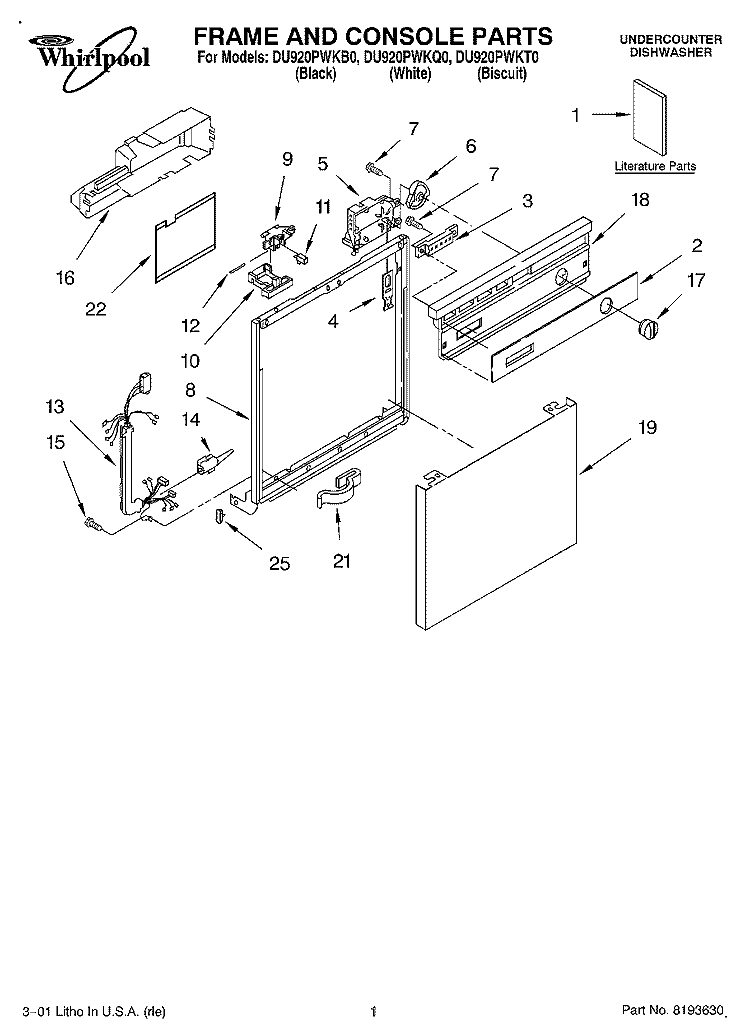 FRAME AND CONSOLE, LITERATURE Diagram and Parts List for DU920PWKT0  Whirlpool Dishwasher
