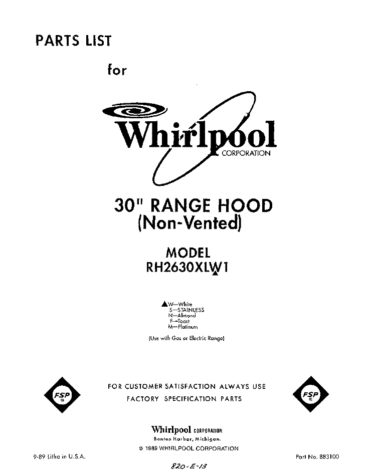 SECTION Diagram and Parts List for RH2630XLW1  Whirlpool Range Hood