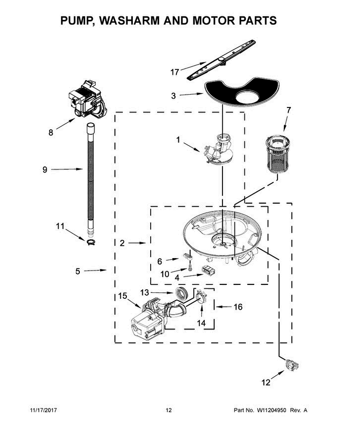 07 - Pump, Washarm And Motor Parts Diagram and Parts List for WDF520PADB6  Whirlpool Dishwasher