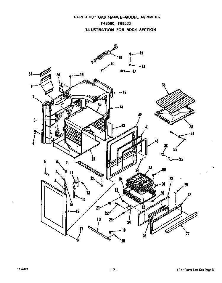 Body Diagram and Parts List for F6858*0  Roper Range