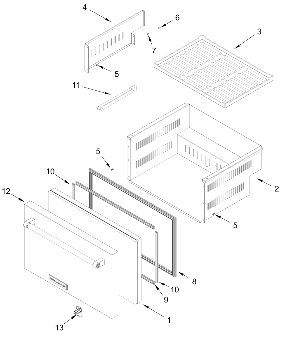 Lower Drawer Parts Diagram and Parts List for KUDF204KSB01  Whirlpool Refrigerator