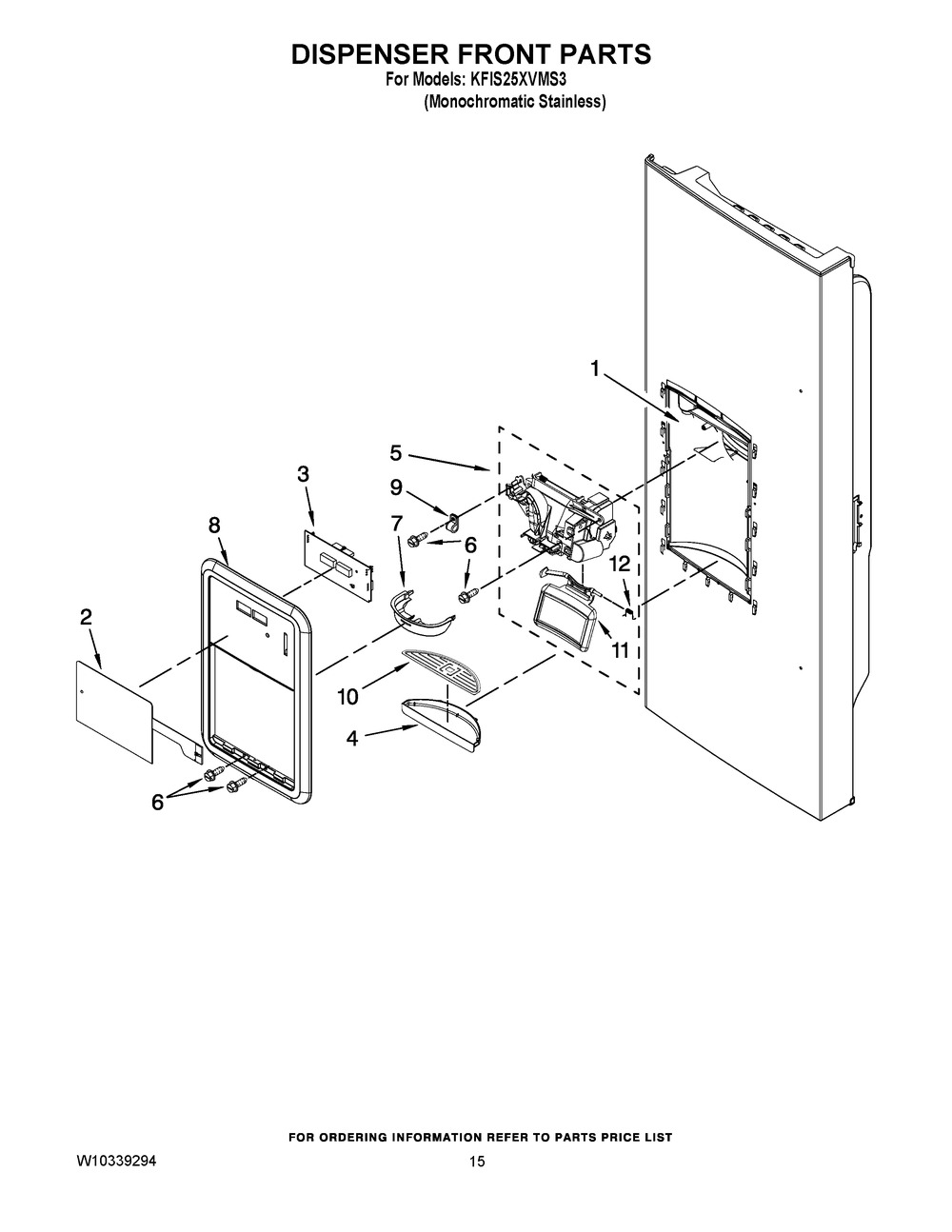 Dispenser Front Parts Diagram and Parts List for KFIS25XVMS3  Whirlpool Refrigerator