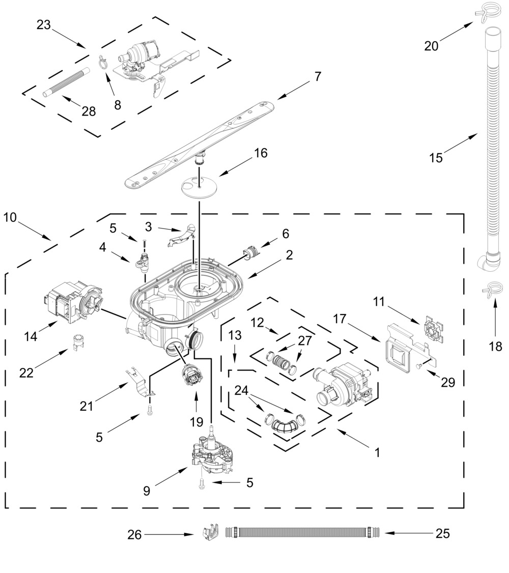 Pump, Washarm And Motor Parts Diagram and Parts List for WDT750SAKZ4  Whirlpool Dishwasher