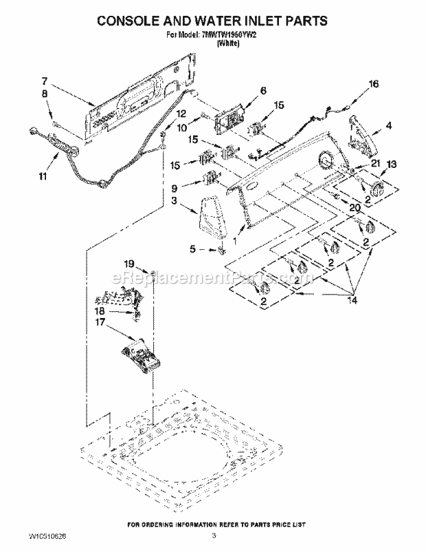 Console And Water Inlet Parts Diagram and Parts List for 7MWTW1950YW2  Whirlpool Washer