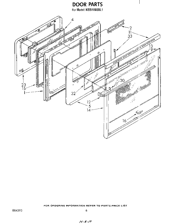 DOOR Diagram and Parts List for KEBI100SBL1  KitchenAid Wall Oven
