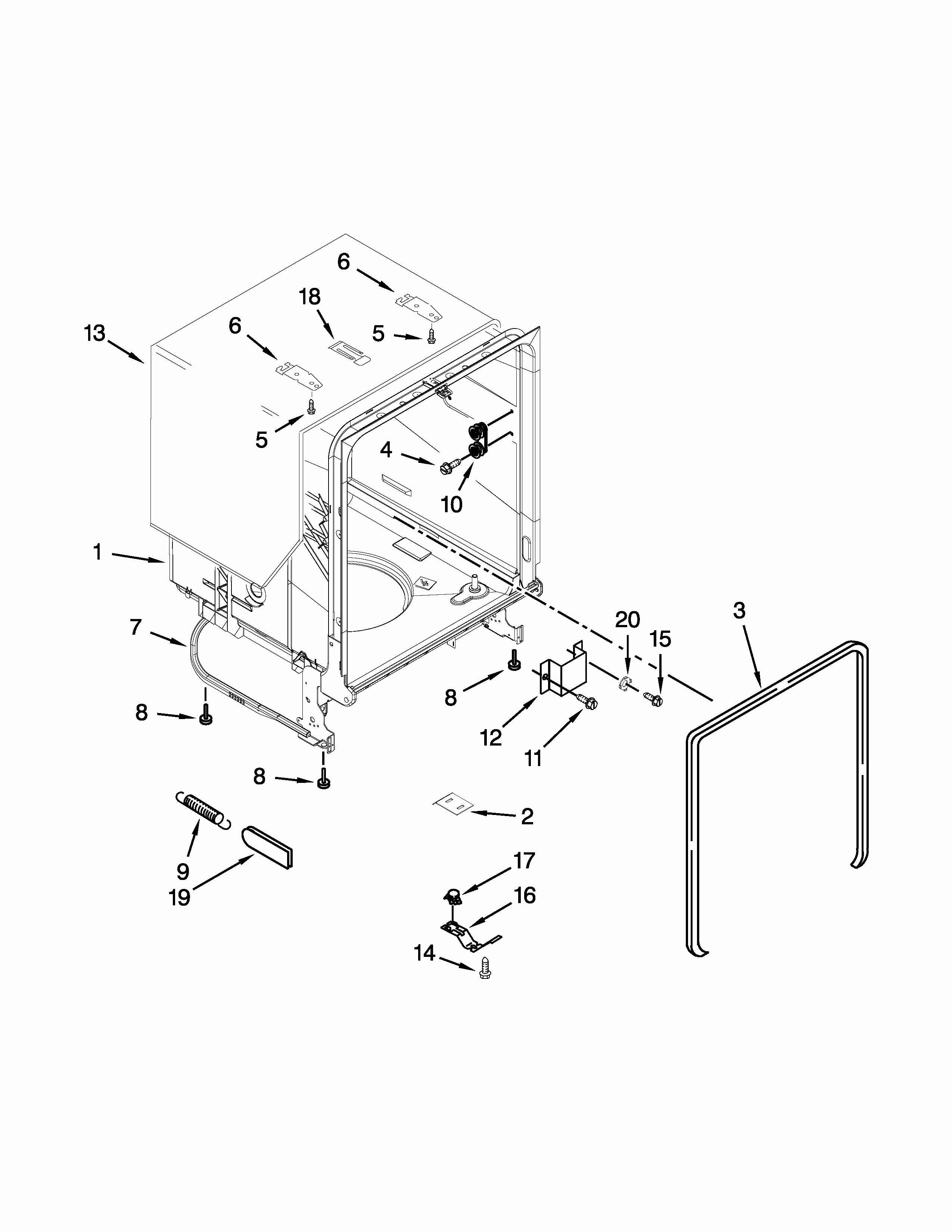 Tub And Frame Parts Diagram and Parts List for 66513073K215  Kenmore Dishwasher
