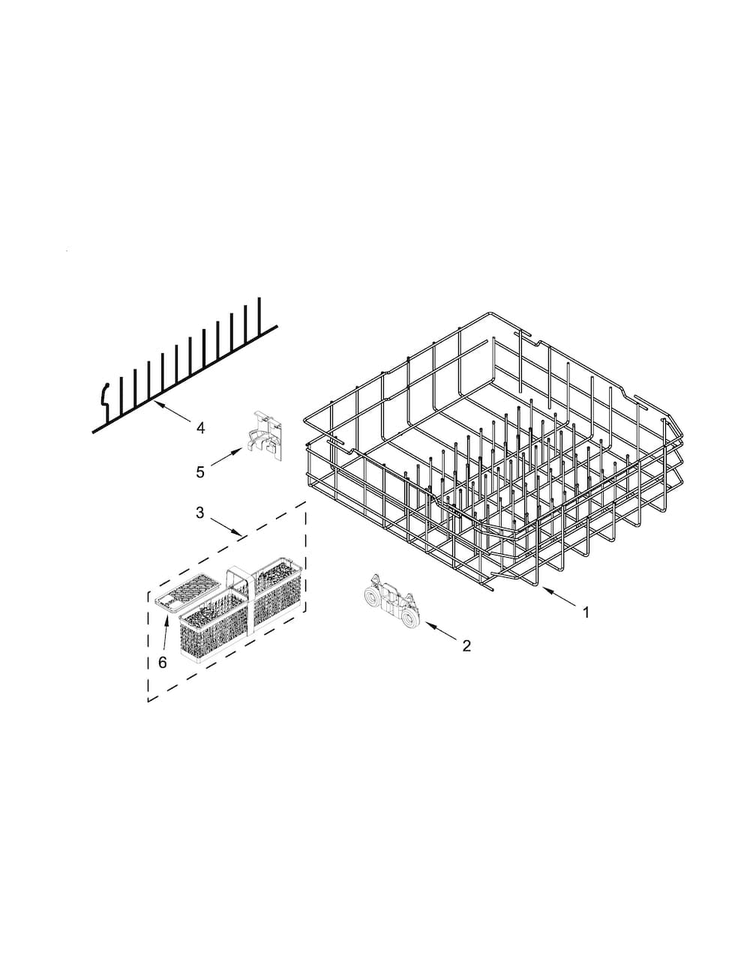 Lower Rack Parts Diagram and Parts List for KDFE104DWH2  KitchenAid Dishwasher