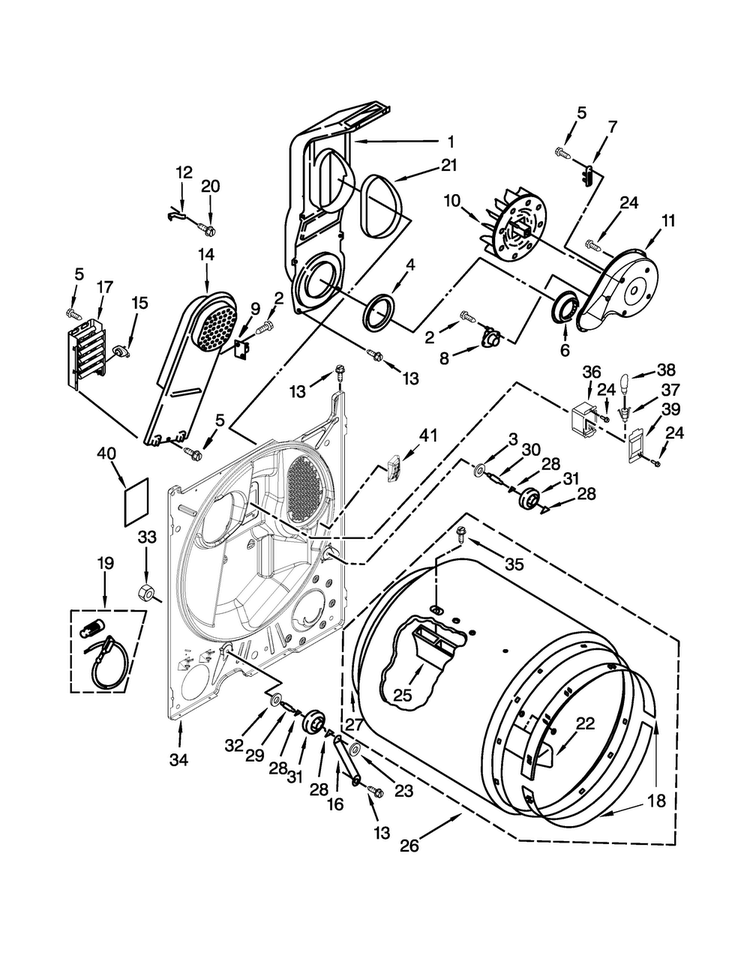 Bulkhead Parts Diagram and Parts List for 7MWED1900EW0  Whirlpool Dryer