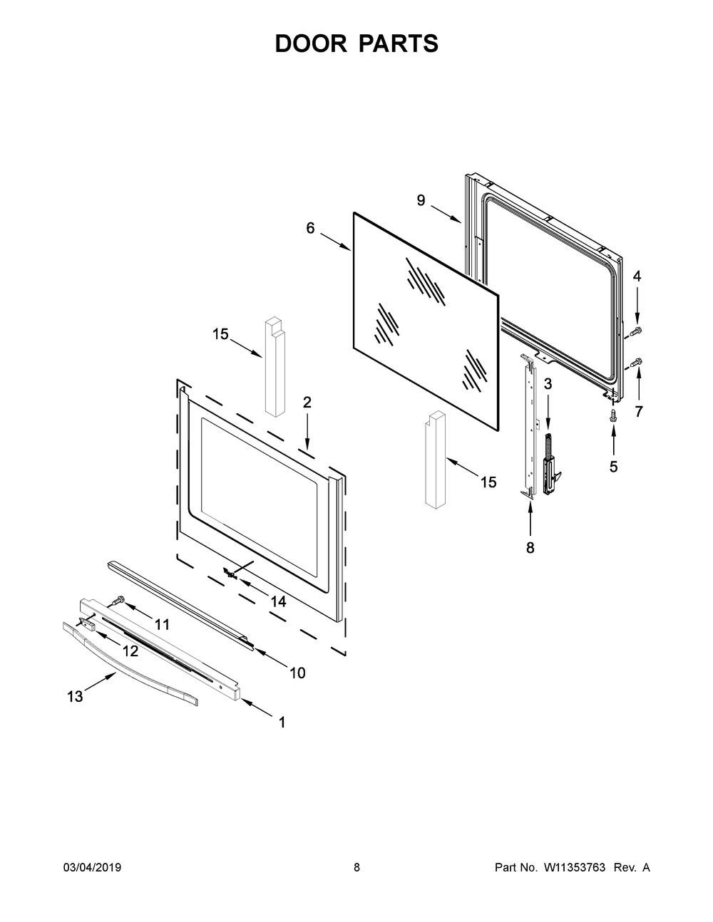 Door Parts Diagram and Parts List for YWFE745H0FS2  Whirlpool Range