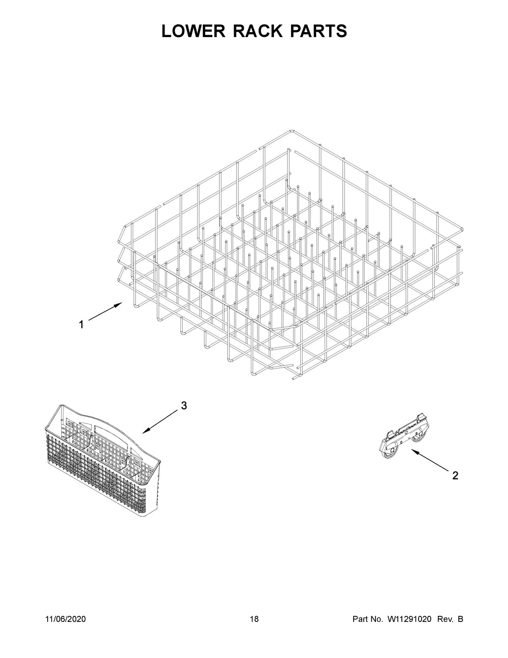 Lower Rack Parts Diagram and Parts List for WDF330PAHB3  Whirlpool Dishwasher