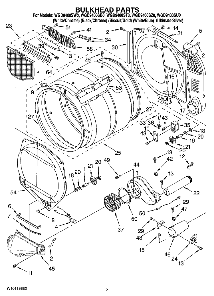 BULKHEAD PARTS Diagram and Parts List for WGD9400SW0  Whirlpool Dryer