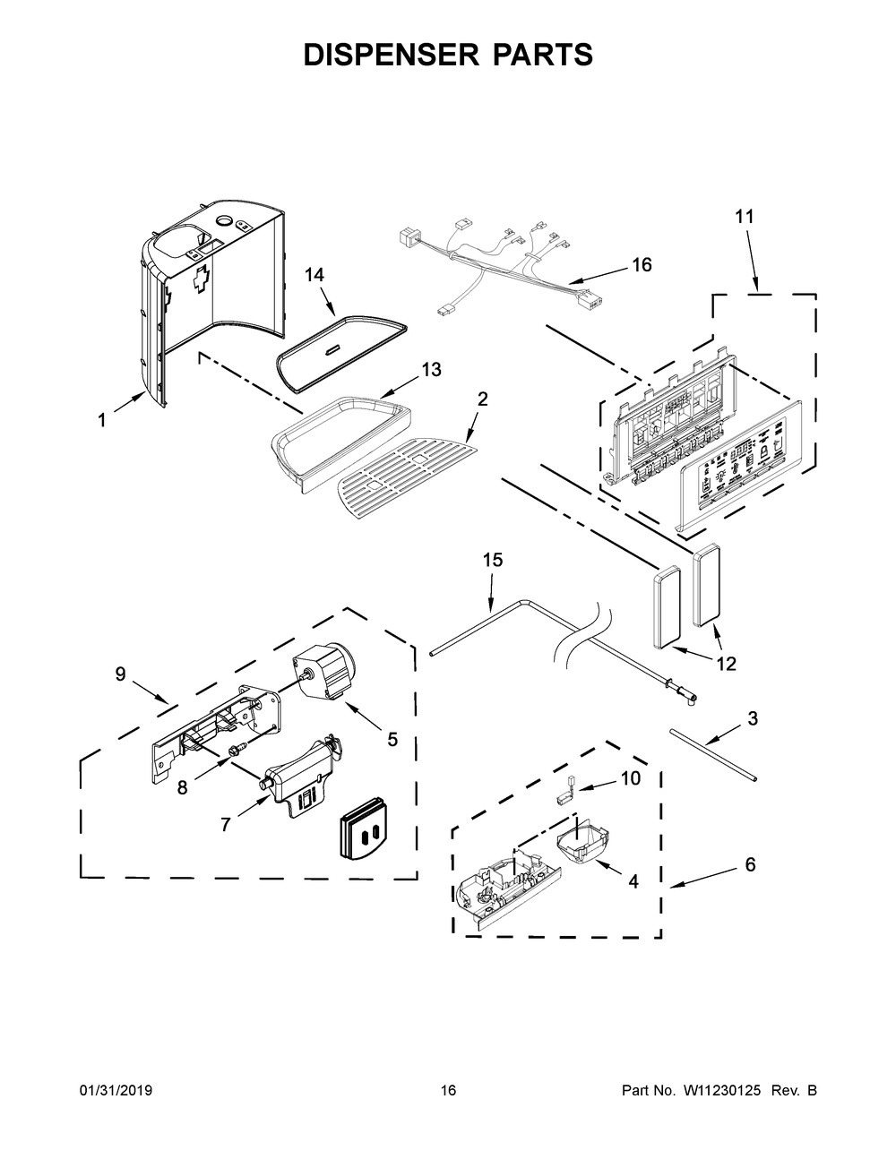 Dispenser Parts Diagram and Parts List for KRSC500ESS01  Whirlpool Refrigerator