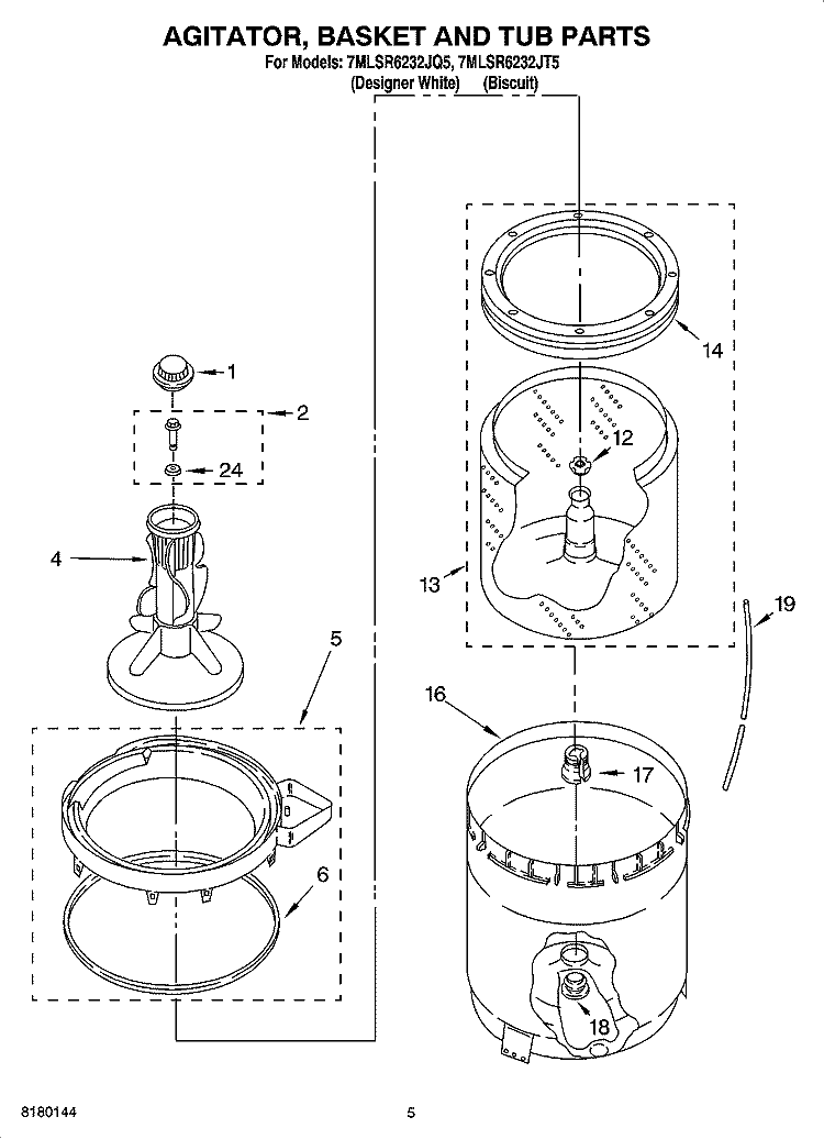 AGITATOR, BASKET AND TUB PARTS Diagram and Parts List for 7MLSR6232JQ5  Whirlpool Washer