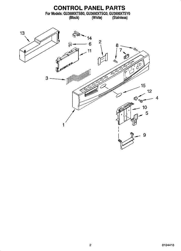 CONTROL PANEL PARTS Diagram and Parts List for GU3600XTSB0  Whirlpool Dishwasher