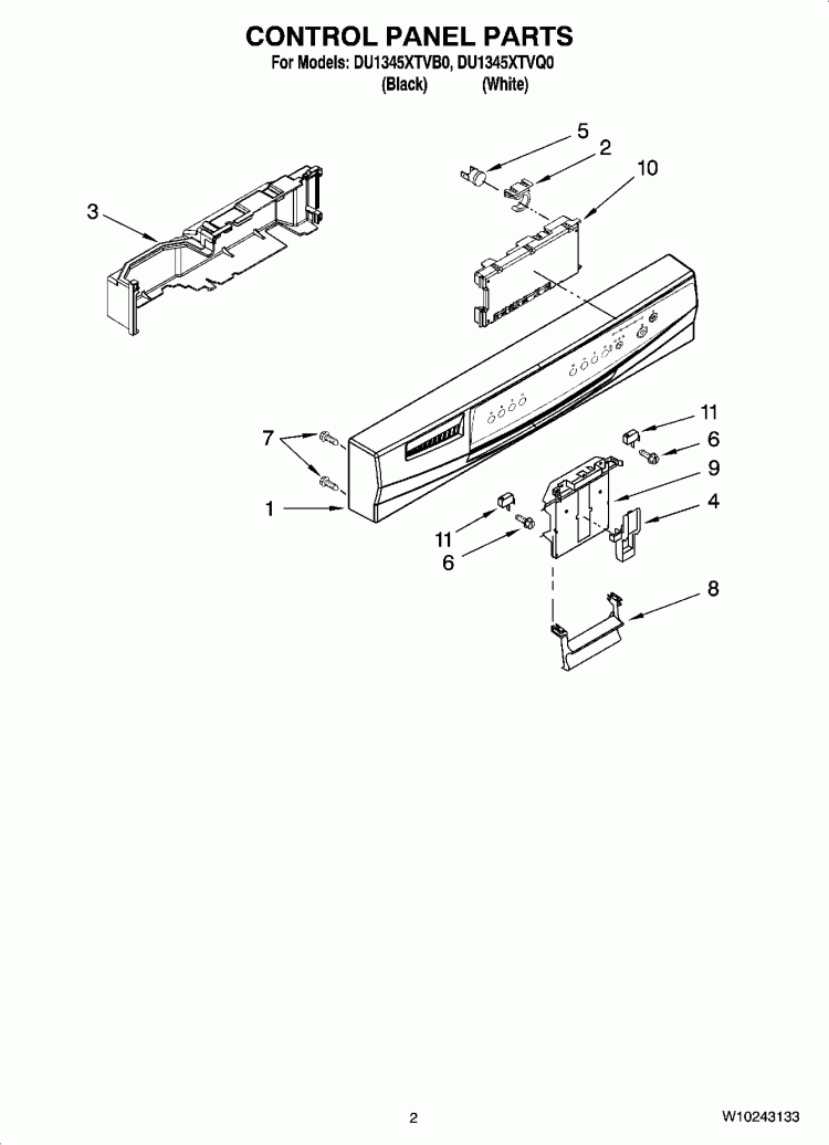 CONTROL PANEL PARTS Diagram and Parts List for DU1345XTVB0  Whirlpool Dishwasher